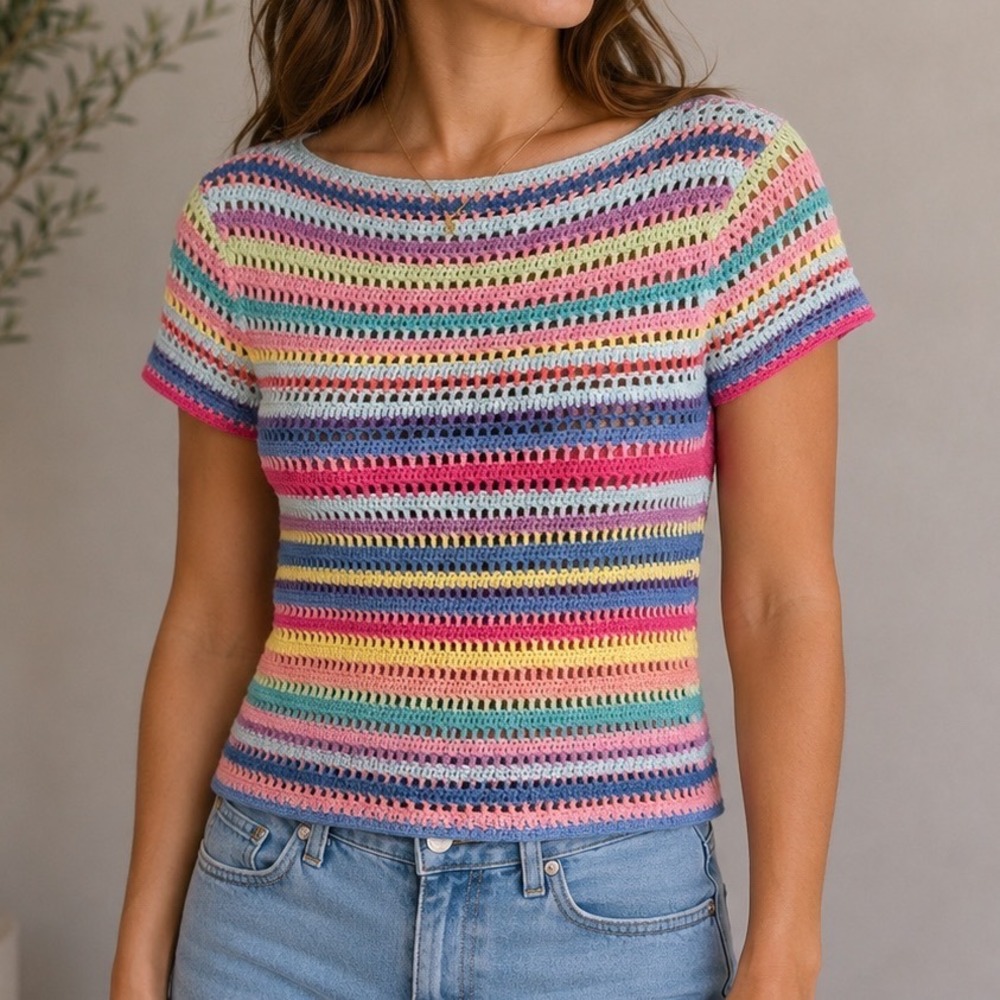 Vintage Crochet Knit Sweater Womens Small Pastel Stripe Short Sleeve Cottagecore